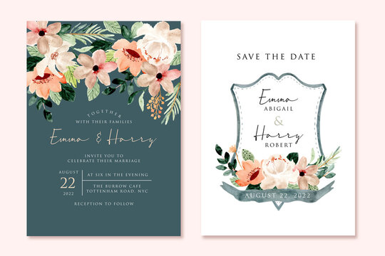 wedding invitation with green peach watercolor floral frame