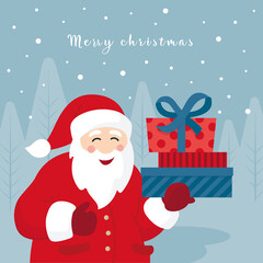 Christmas card. New Year card. Santa Claus with gifts. Vector image. 