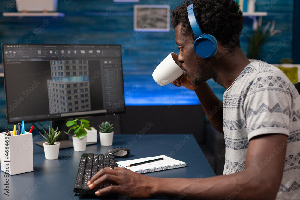 Aufkleber african american engineer drinking coffee analyzing building construction plan working remote from h