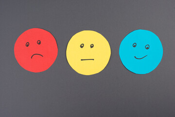 Three faces, smiling, sad in different colors on a blue background, copy space, rating, communication, customer feedback