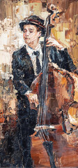 Fototapeta na wymiar Man in hat plays double bass. Jazz band musician. Oil painting on canvas. Modern Art.