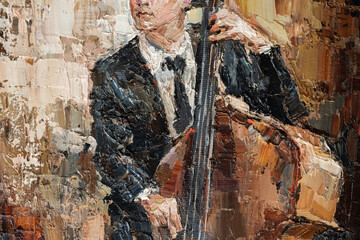 Man in hat plays double bass. Jazz band musician. Oil painting on canvas. Modern Art.