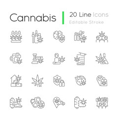 Fototapeta premium Cannabis in everyday life linear icons set. Marijuana cultivation. Legalizing hemp worldwide. Customizable thin line contour symbols. Isolated vector outline illustrations. Editable stroke