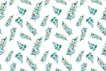 Green leaves and berries. Vintage bohemian pattern. Colorful floral seamless pattern. Watercolor of branches and leaves. Green fresh seamless pattern with watercolor branches and leaves.