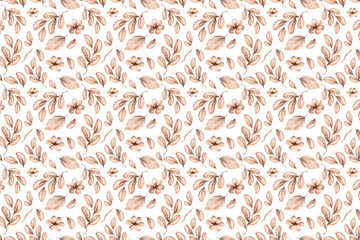 Watercolor boho seamless pattern - hand painted tropical flowers of white orchid, palm leaves and branches of pampas. Romantic floral set perfect for fabric textile, wedding cards or scrapbooking