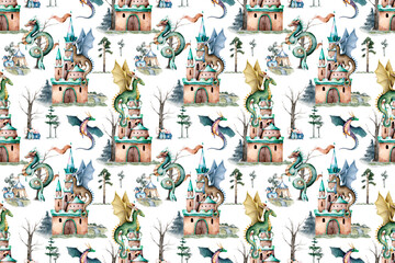 Cartoon Fairy tale castle and flying Dragons seamless pattern. Hand drawn watercolor cute castle on white background