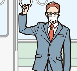 つり革につかまるサラリーマン　マスク