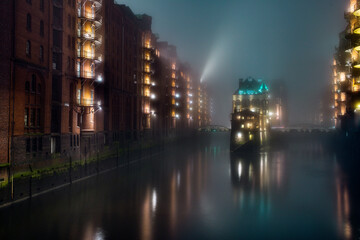 The illuminated Speicherstadt in Hamburg in dense fog in the evening