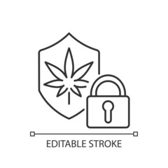 Cannabis security linear icon. Marijuana dispensaries protection. Provide secure environment. Thin line customizable illustration. Contour symbol. Vector isolated outline drawing. Editable stroke