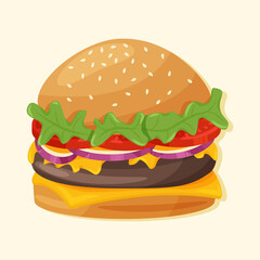 Hamburger vector cartoon illustration. American fast food cheeseburger with bun, leaves lettuce, cheese, tomato, beef, sauce, and onion.