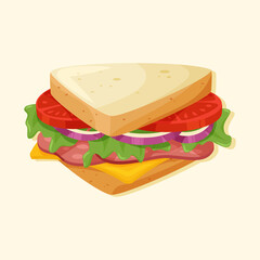 BLT sandwich with bacon, cheese, lettuce and tomato vector cartoon isolated on beige background.