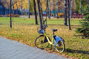 Fototapeta na wymiar the bike is parked in the park, it's autumn time