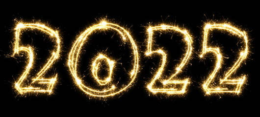 New Year 2022 made by sparkler . Number 2022 written sparkling sparklers . Isolated on a black background . Overlay template for holiday greeting card .
