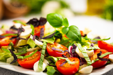 salad with tomato and basil leaves