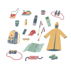 Set of clothes and accessories for  hiking, trekking. Vector color illustration on white background.	
