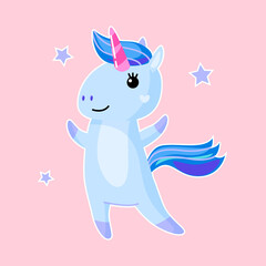Happy unicorn vector cartoon illustration isolated on pink background.
