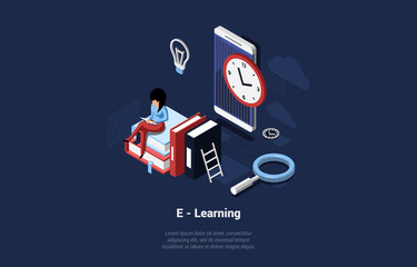 Isometric Vector Illustration On Dark Blue Background With Text, Concept Illustration In Cartoon 3D Style With Text, Character And Objects. E-learning, Internet Education, Remote Online Study Process