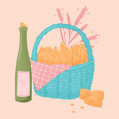 The basket full of cheese and bottle of wine vector hand drawn illustration. Picnic basket with delicious meals and snacks.