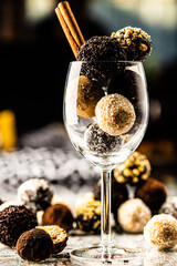 coconut cocoa and walnut balls in a wine glass
