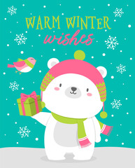 Cute polar bear and bird illustration for christmas and new year celebration.