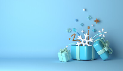Winter decoration background with snowflakes, gift box, copy space text, 3D rendering illustration