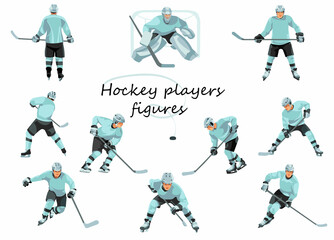 Vector figures of hockey players in various poses in light blue sports uniforms with clubs