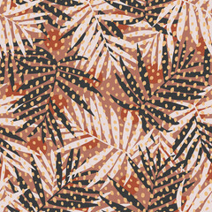 Tropical seamless pattern with palm leaves and abstract graphic elements. Modern background.