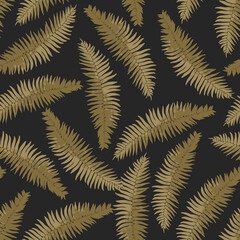 Seamless pattern with hand painted fern. Brown plants on black background.