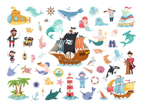 A set of cute children's characters related to the sea, adventure and marine life. Flat illustration.