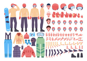 Male character with a snowboard constructor set. Snowboarder with different