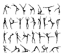 Collection of graceful abstract female silhouettes in various poses. Poses for yoga and ballet.