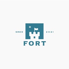 Castle Tower logo design. Fort Fortress with Flag and Star logo design vector template