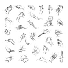 Collection of monochrome illustrations of hands with objects in sketch style. Hand drawings in art ink style. Black and white graphics.