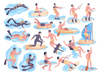 Water recreation activities set. Happy male character having summer holiday fun.