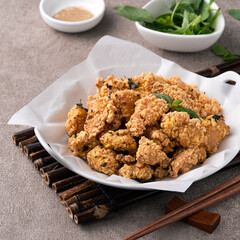 Delicious fried popcorn chicken in Taiwan.