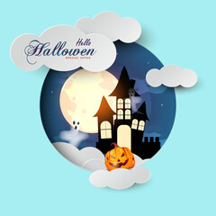 Happy halloween  pumpkin with .haunted house. Can be used for shopping sale, banner,  invitation, website or greeting card. Vector illustration