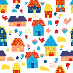 Seamless pattern of the cute doodle color houses