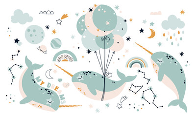 Fantasy Narwhals with stars and rainbows. A set of elements for children's design