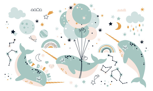 recommend clip art: Fantasy Narwhals with stars and rainbows. A set of elements for children's design