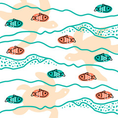 Fototapeta na wymiar Fish and turtles. Illustration depicting the underwater world, waves and bubbles. Stylized vector pattern.
