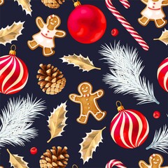 Vector seamless pattern with gingerbread and holly