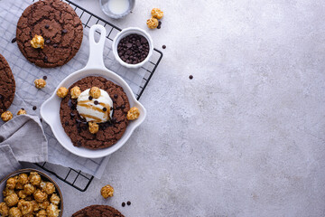 Giant chocolate skillet cookies with ice cream