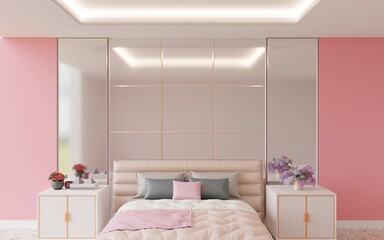 Mockup interior bedroom with a mirrored wall and room pink color. Scandinavian style interior, 3D rendering