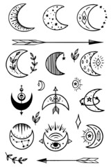 set of moon black and white vector icons