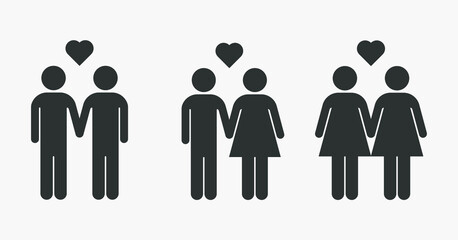 Various couples vector icon isolated on white background. Gay, heterosexual and lesbian couple sign.