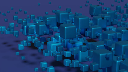 Abstract blue metallic 3d cubes of different sizes on a purple background with shadows