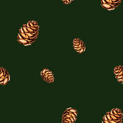 Seamless pattern of small pine cones isolated on dark green background and standing in groups of several pine cones. Winter holidays and autumn concept