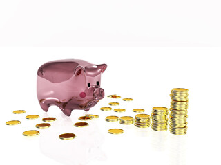 中が空っぽの透明な豚の貯金箱とコインのグラフ　コイン