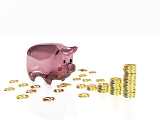中が空っぽの透明な豚の貯金箱とコインのグラフ　ポイント