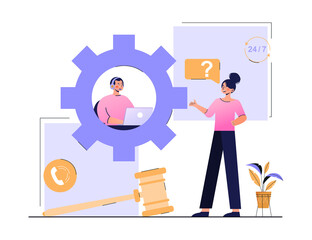Litigation support. Woman stands next to judge big hammer and asks lawyer question via video link. Online consultation to solve problems. Employee of law firm hotline. Cartoon flat vector illustration